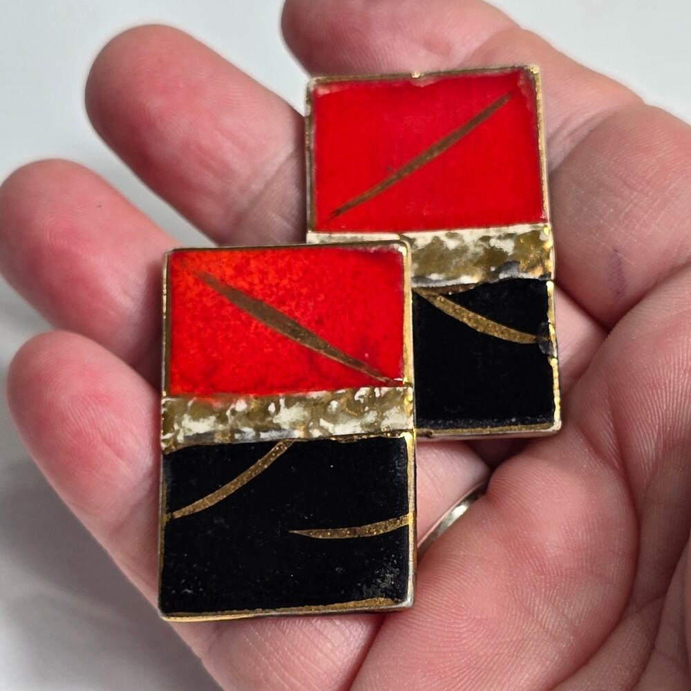 Vintage Handmade Black Red & Gold Ceramic Earrings Geometric 90s